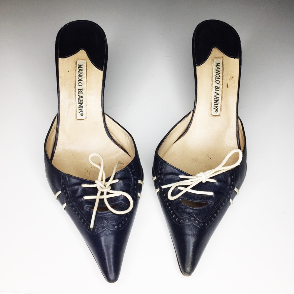 Vintage Manolo Blahnik blue and white mules